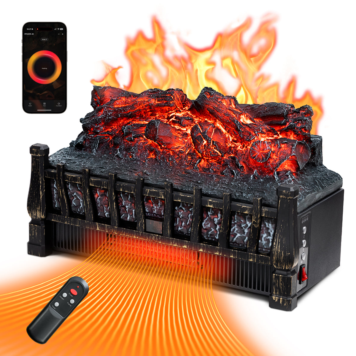 LifePlus 1500W Electric Fireplace Heater, Smart Wifi, Realistic Ember Flame, Space Heater with Remote & Timer for Indoor Home