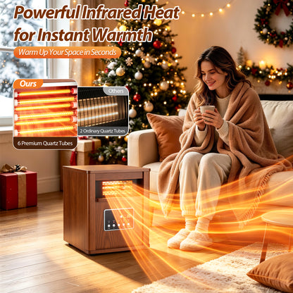 LifePlus 1500W Portable Infrared Space Heater, Wood Grain Finish, Remote Control, Eco Mode, Rolling Wheels, for Bedroom & Office