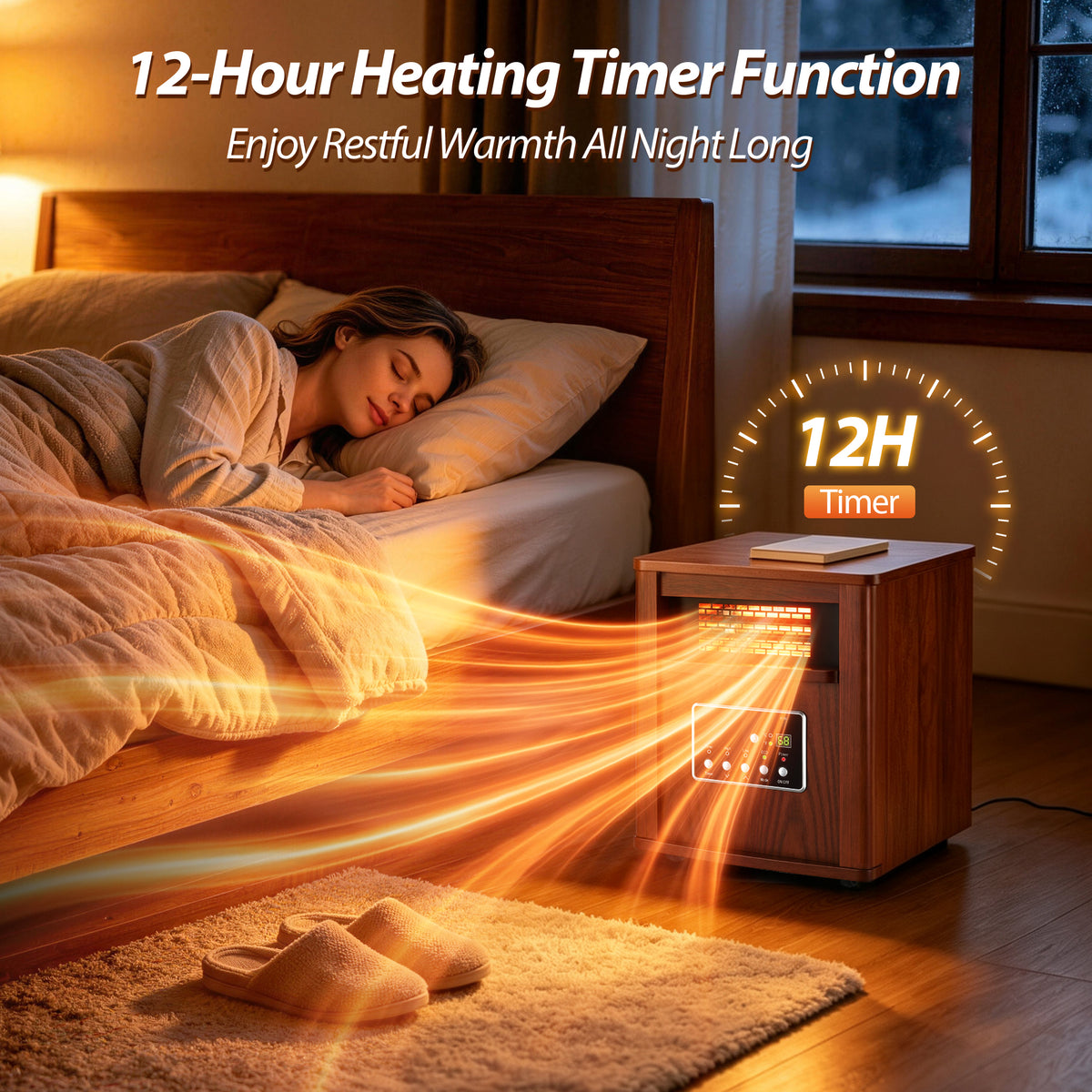 LifePlus 1500W Portable Infrared Space Heater, Wood Grain Finish, Remote Control, Eco Mode, Rolling Wheels, for Bedroom & Office