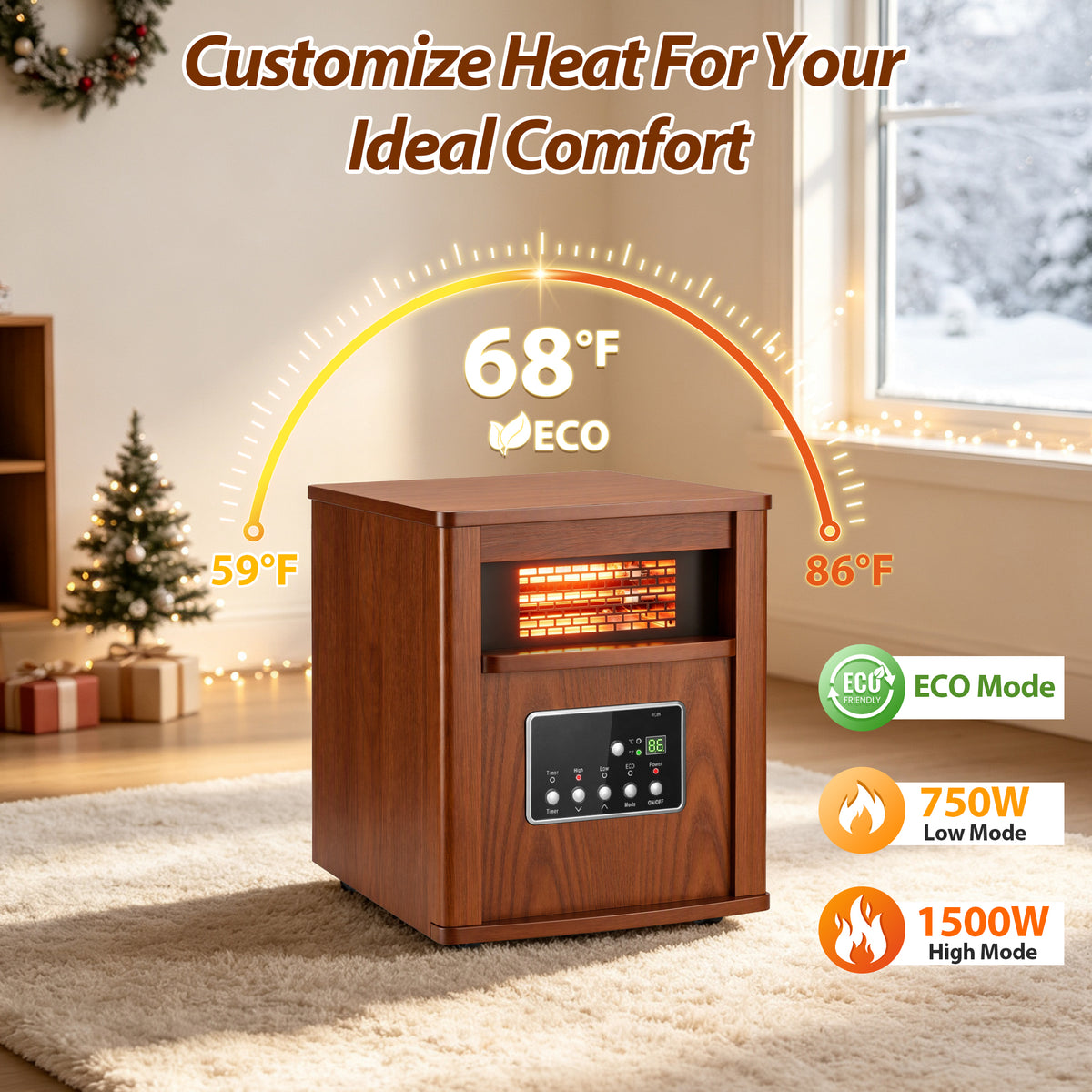 LifePlus 1500W Portable Infrared Space Heater, Wood Grain Finish, Remote Control, Eco Mode, Rolling Wheels, for Bedroom & Office