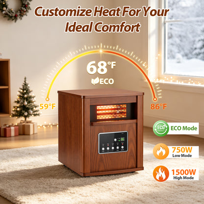 LifePlus 1500W Portable Infrared Space Heater, Wood Grain Finish, Remote Control, Eco Mode, Rolling Wheels, for Bedroom & Office