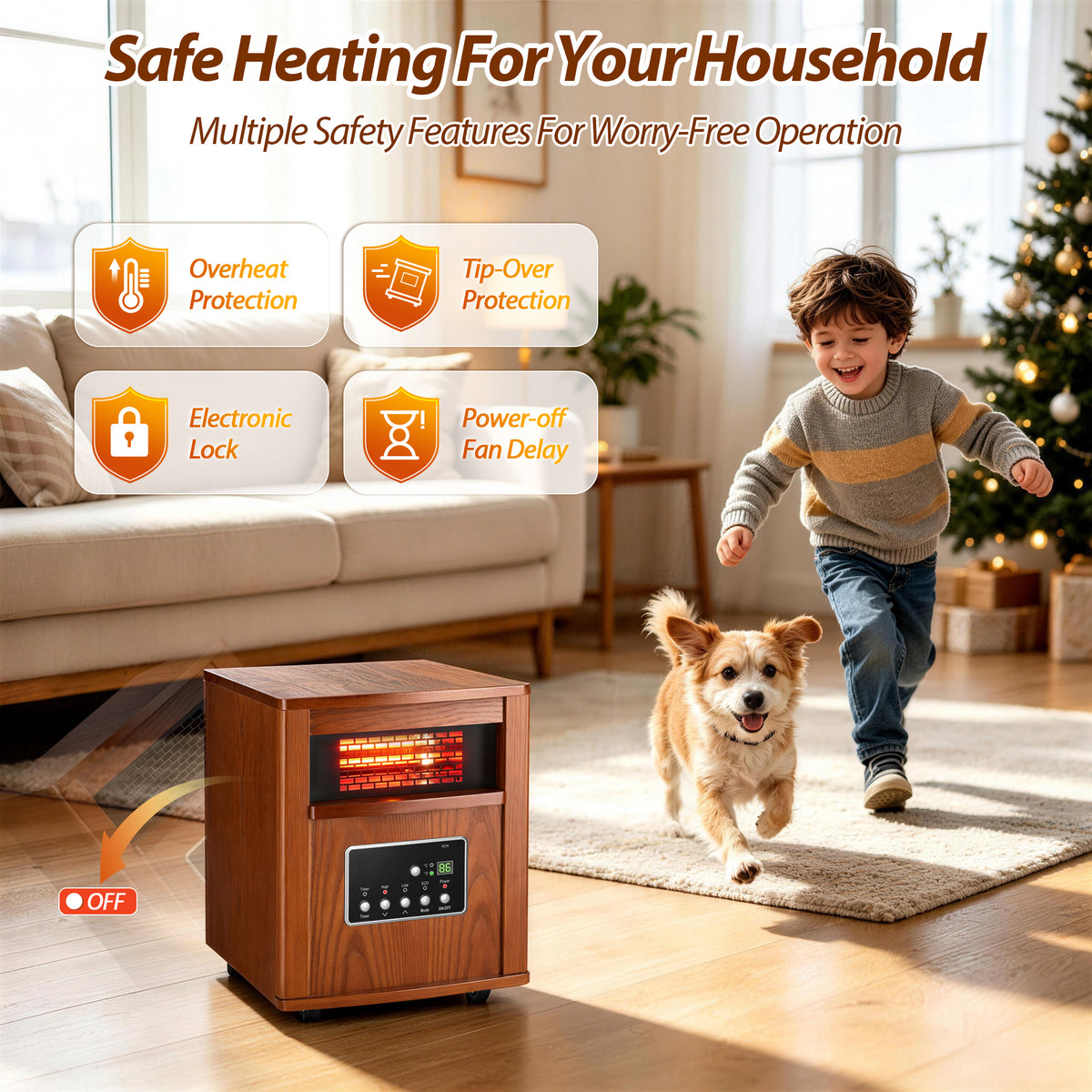 LifePlus 1500W Portable Infrared Space Heater, Wood Grain Finish, Remote Control, Eco Mode, Rolling Wheels, for Bedroom & Office