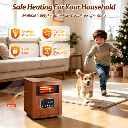 LifePlus 1500W Portable Infrared Space Heater, Wood Grain Finish, Remote Control, Eco Mode, Rolling Wheels, for Bedroom & Office