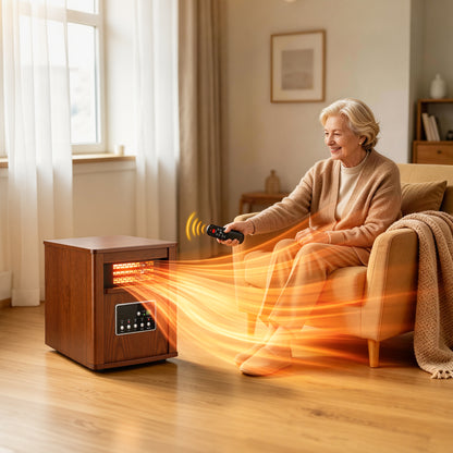 LifePlus 1500W Portable Infrared Space Heater, Wood Grain Finish, Remote Control, Eco Mode, Rolling Wheels, for Bedroom & Office