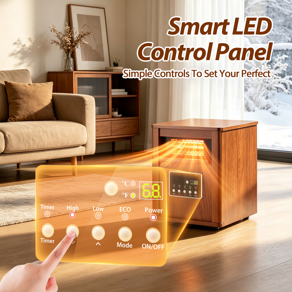 LifePlus 1500W Portable Infrared Space Heater, Wood Grain Finish, Remote Control, Eco Mode, Rolling Wheels, for Bedroom & Office