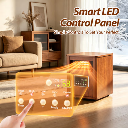 LifePlus 1500W Portable Infrared Space Heater, Wood Grain Finish, Remote Control, Eco Mode, Rolling Wheels, for Bedroom & Office