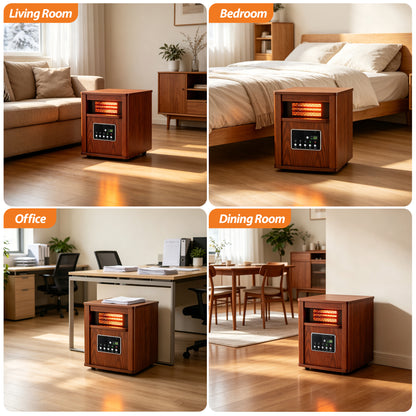 LifePlus 1500W Portable Infrared Space Heater, Wood Grain Finish, Remote Control, Eco Mode, Rolling Wheels, for Bedroom & Office
