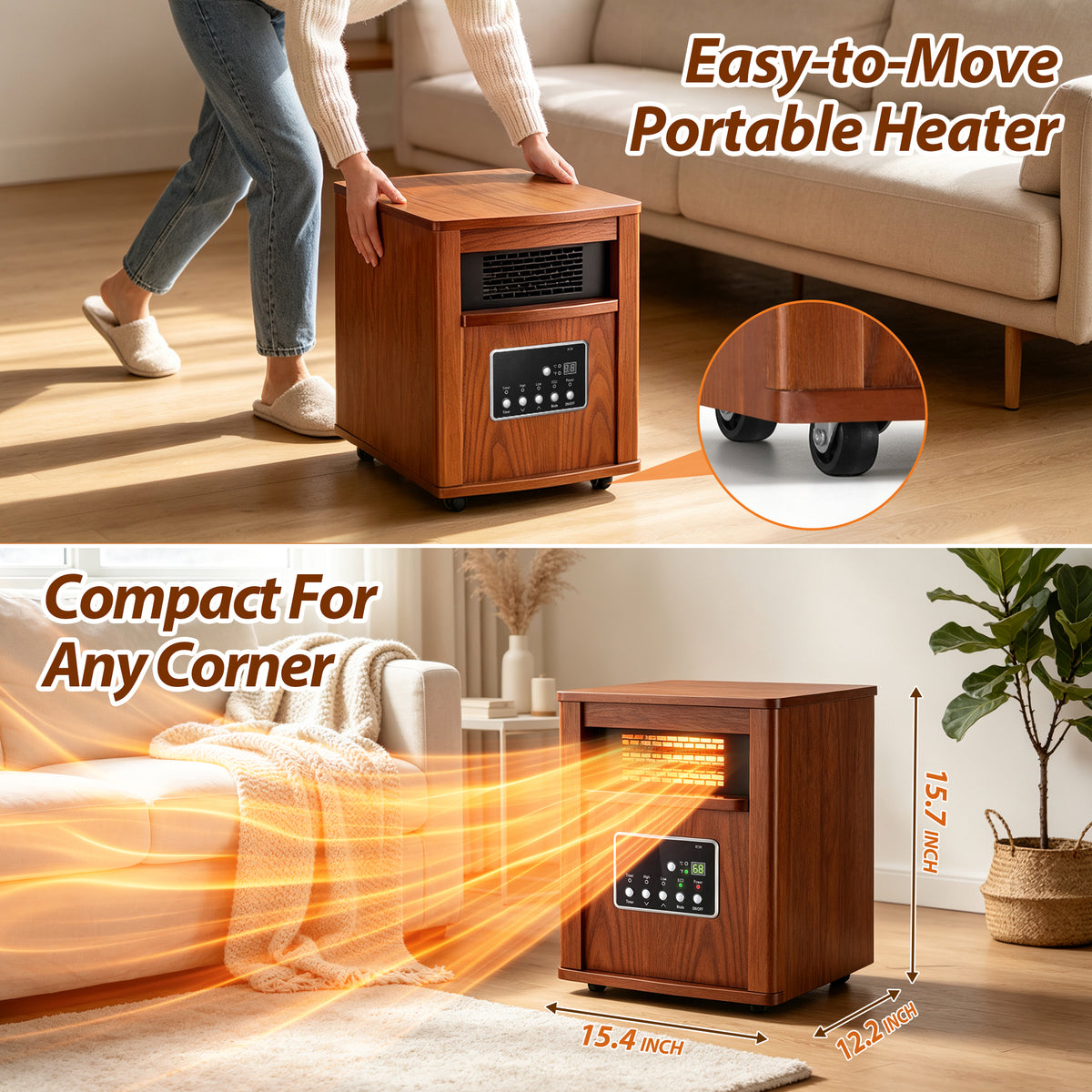 LifePlus 1500W Portable Infrared Space Heater, Wood Grain Finish, Remote Control, Eco Mode, Rolling Wheels, for Bedroom & Office
