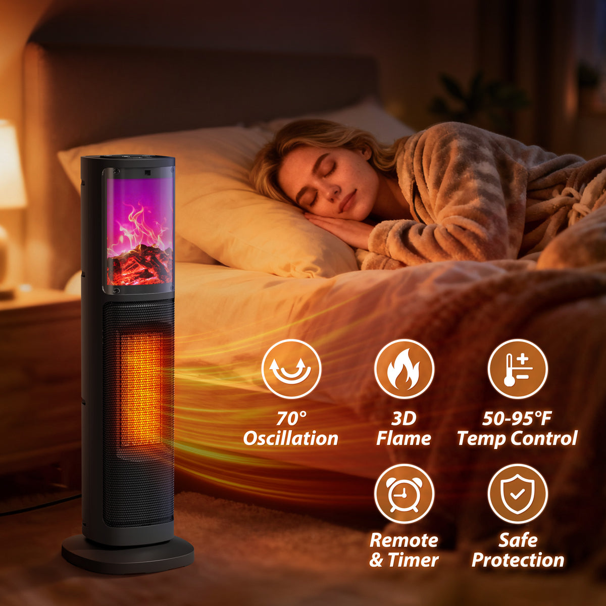 LifePlus Portable Tower Electric Indoor Fireplace Heater with 3D Realistic Flame, 70° Oscillation for Bedroom, Living Room, Homeowners & Office Workers