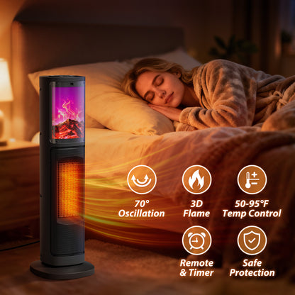 LifePlus Portable Tower Electric Indoor Fireplace Heater with 3D Realistic Flame, 70° Oscillation for Bedroom, Living Room, Homeowners & Office Workers