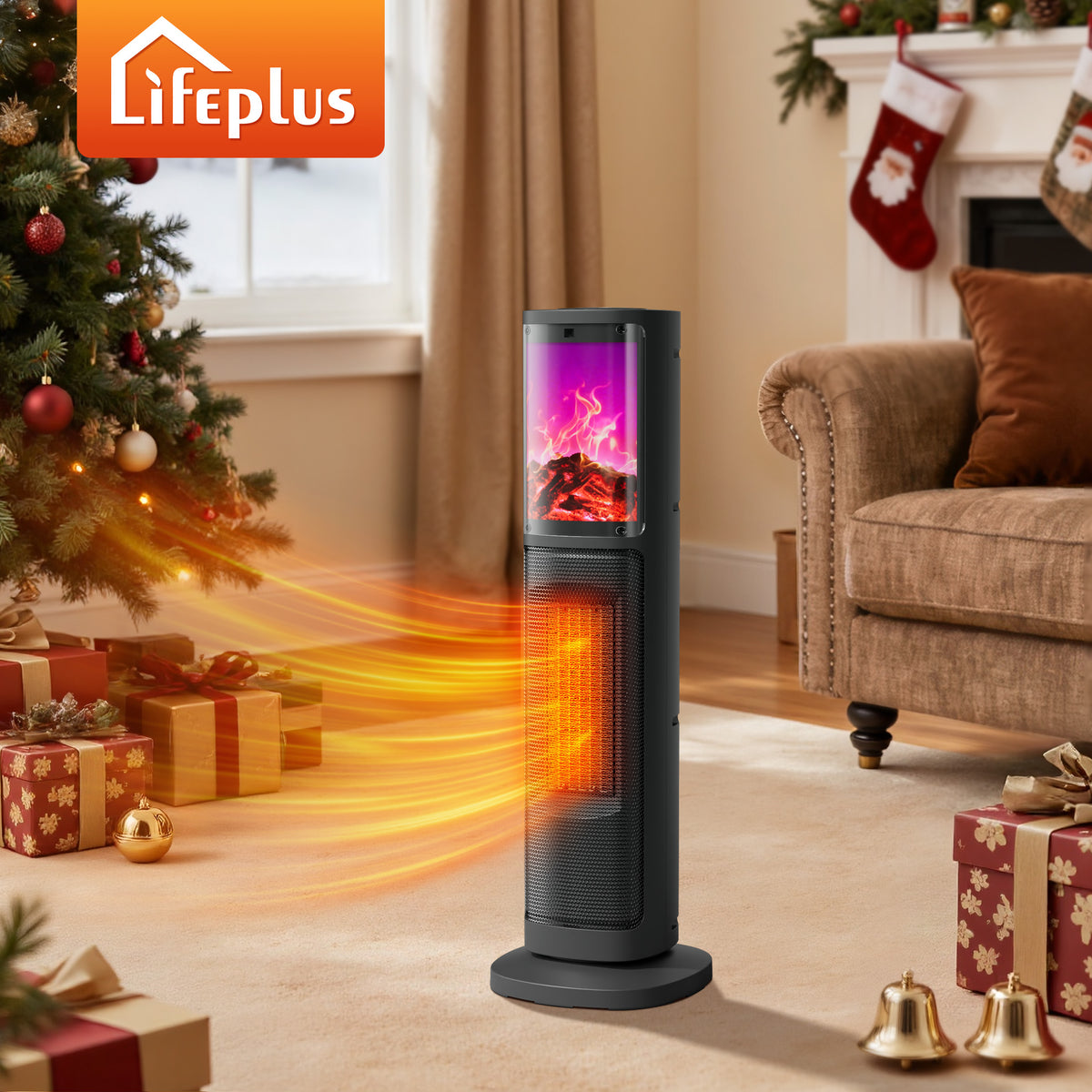LifePlus Portable Tower Electric Indoor Fireplace Heater with 3D Realistic Flame, 70° Oscillation for Bedroom, Living Room, Homeowners & Office Workers