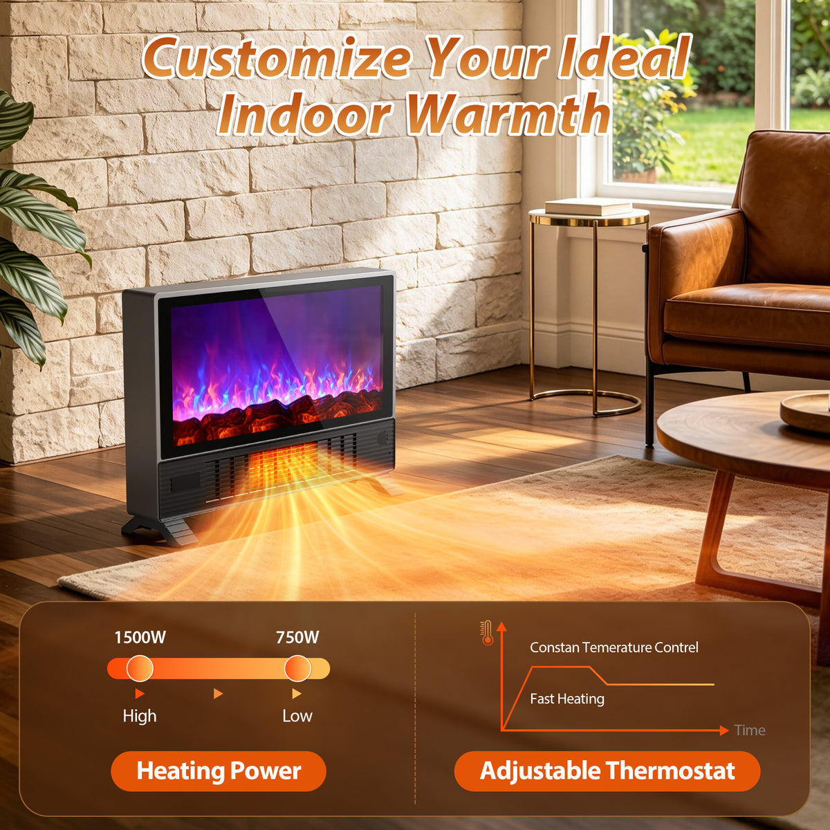 LifePlus Freestanding Electric Fireplace, 1500W Indoor Heater with Remote Control, 12H Timer, Adjustable LED Flame, 2 Heat Modes