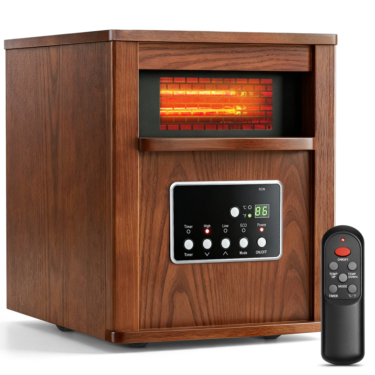 LifePlus 1500W Portable Infrared Space Heater, Wood Grain Finish, Remote Control, Eco Mode, Rolling Wheels, for Bedroom & Office