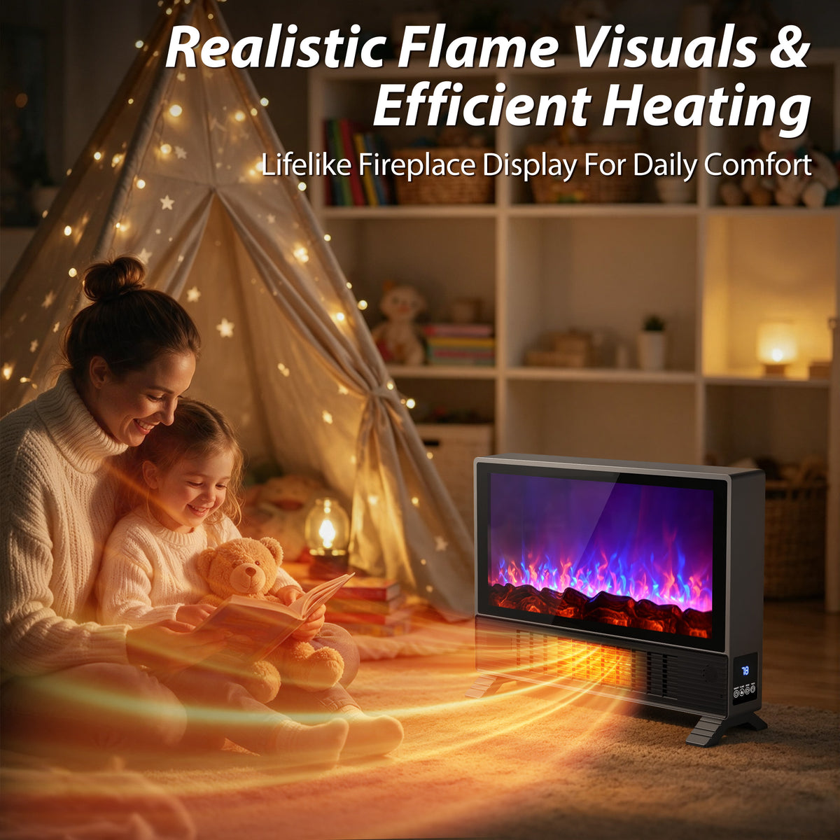 LifePlus Freestanding Electric Fireplace, 1500W Indoor Heater with Remote Control, 12H Timer, Adjustable LED Flame, 2 Heat Modes