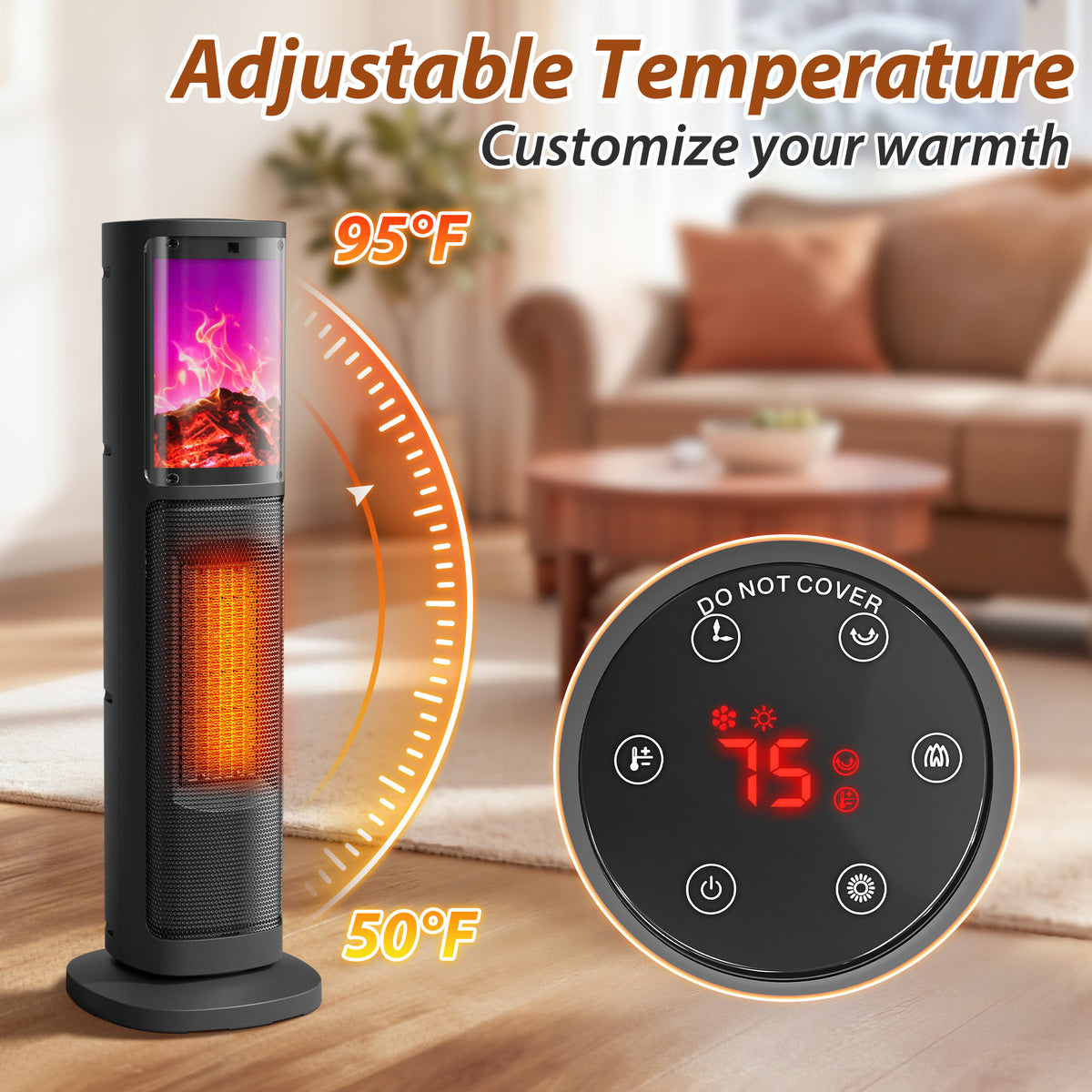 LifePlus Portable Tower Electric Indoor Fireplace Heater with 3D Realistic Flame, 70° Oscillation for Bedroom, Living Room, Homeowners & Office Workers