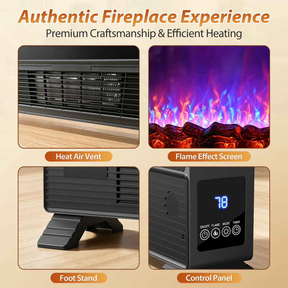 LifePlus Freestanding Electric Fireplace, 1500W Indoor Heater with Remote Control, 12H Timer, Adjustable LED Flame, 2 Heat Modes