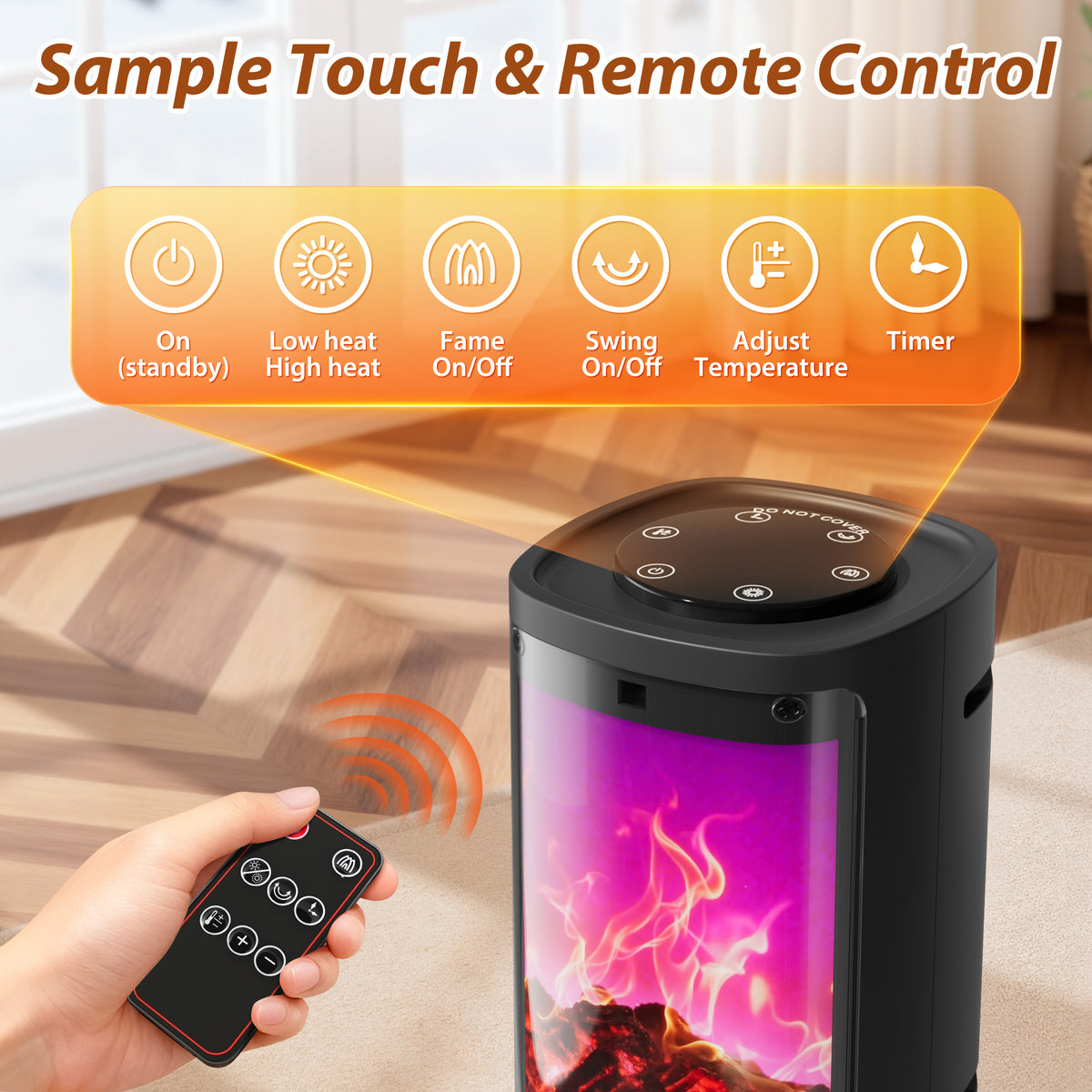 LifePlus Portable Tower Electric Indoor Fireplace Heater with 3D Realistic Flame, 70° Oscillation for Bedroom, Living Room, Homeowners & Office Workers