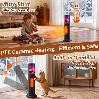 LifePlus Portable Tower Electric Indoor Fireplace Heater with 3D Realistic Flame, 70° Oscillation for Bedroom, Living Room, Homeowners & Office Workers