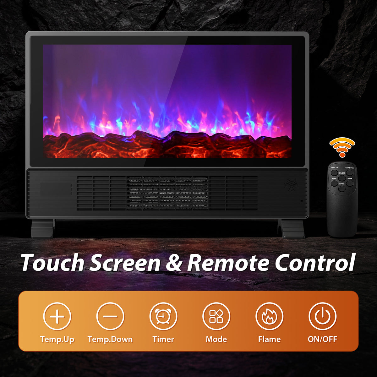 LifePlus Freestanding Electric Fireplace, 1500W Indoor Heater with Remote Control, 12H Timer, Adjustable LED Flame, 2 Heat Modes