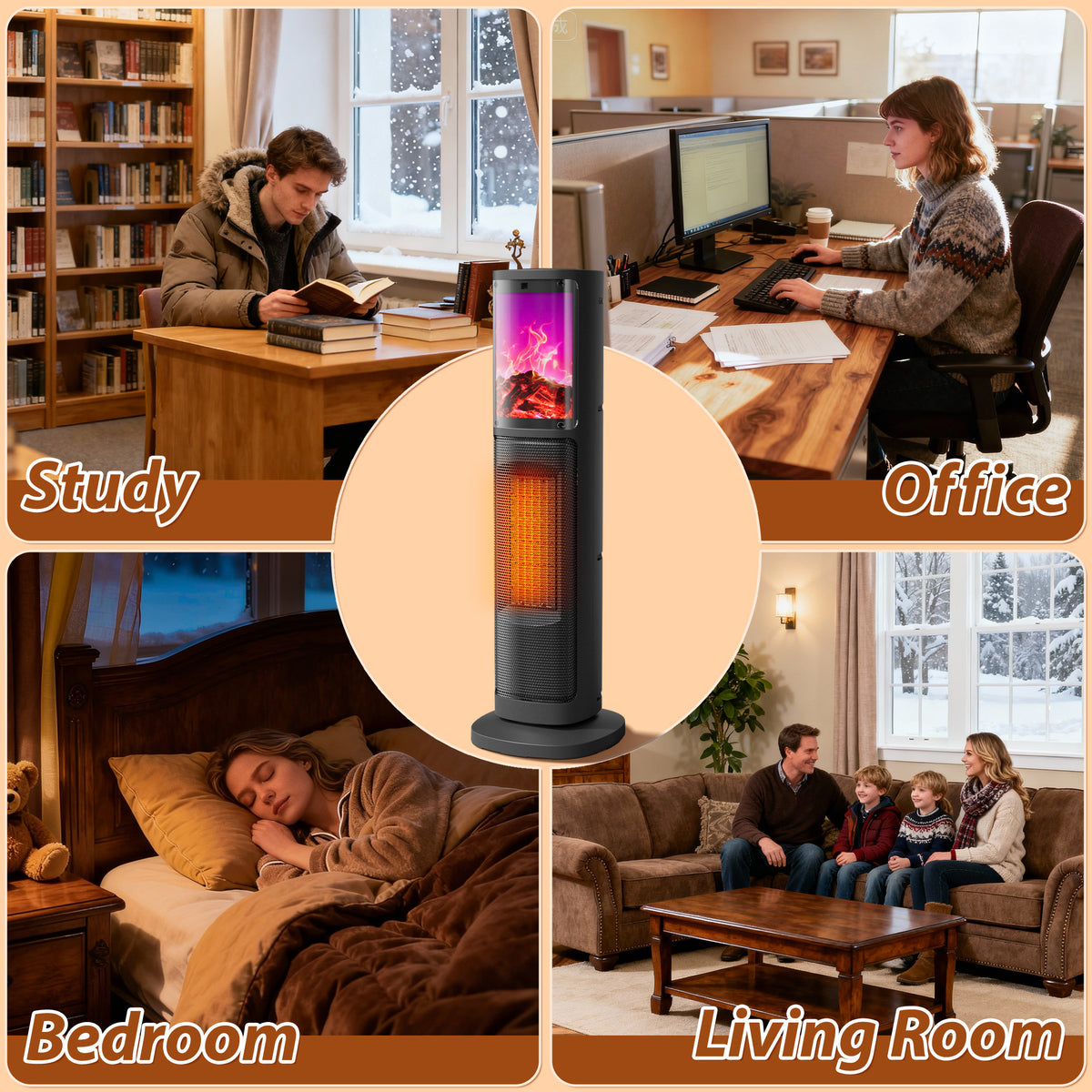 LifePlus Portable Tower Electric Indoor Fireplace Heater with 3D Realistic Flame, 70° Oscillation for Bedroom, Living Room, Homeowners & Office Workers