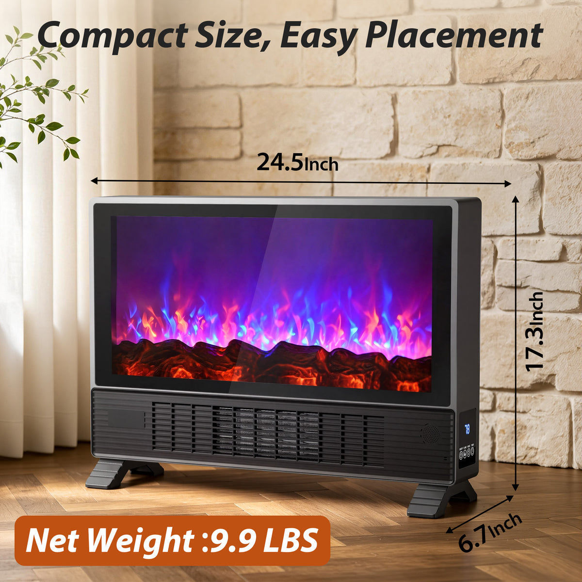 LifePlus Freestanding Electric Fireplace, 1500W Indoor Heater with Remote Control, 12H Timer, Adjustable LED Flame, 2 Heat Modes